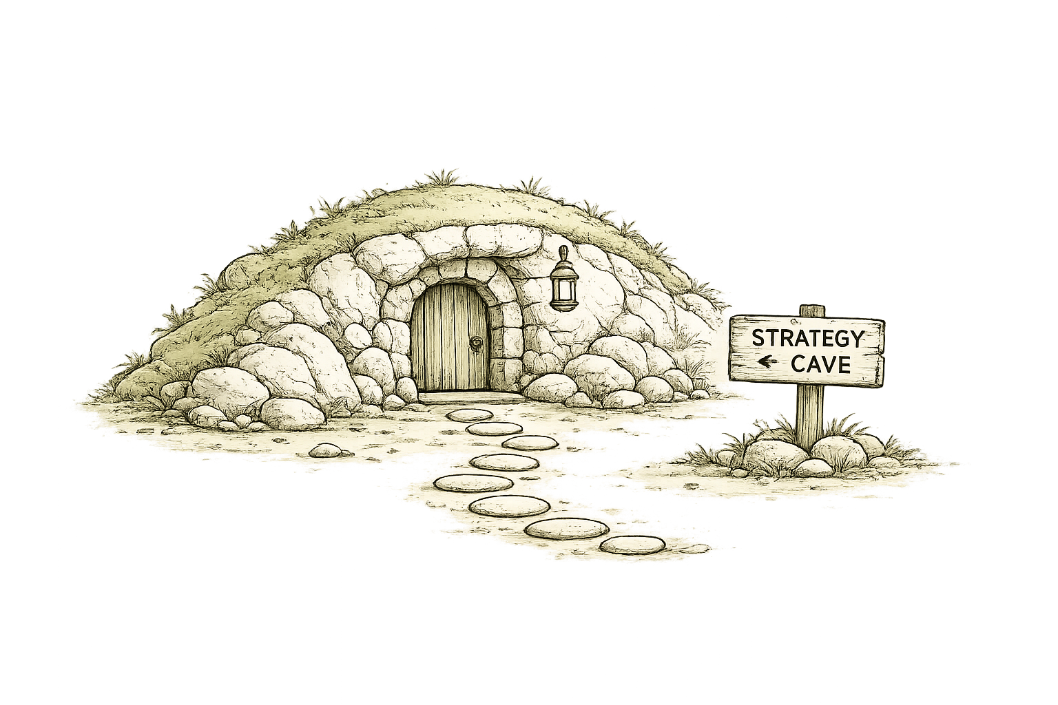 A hand-drawn illustration of a cave in a hillside with a wooden door and a signpost reading 'Strategy Cave' pointing toward a stepping-stone path.