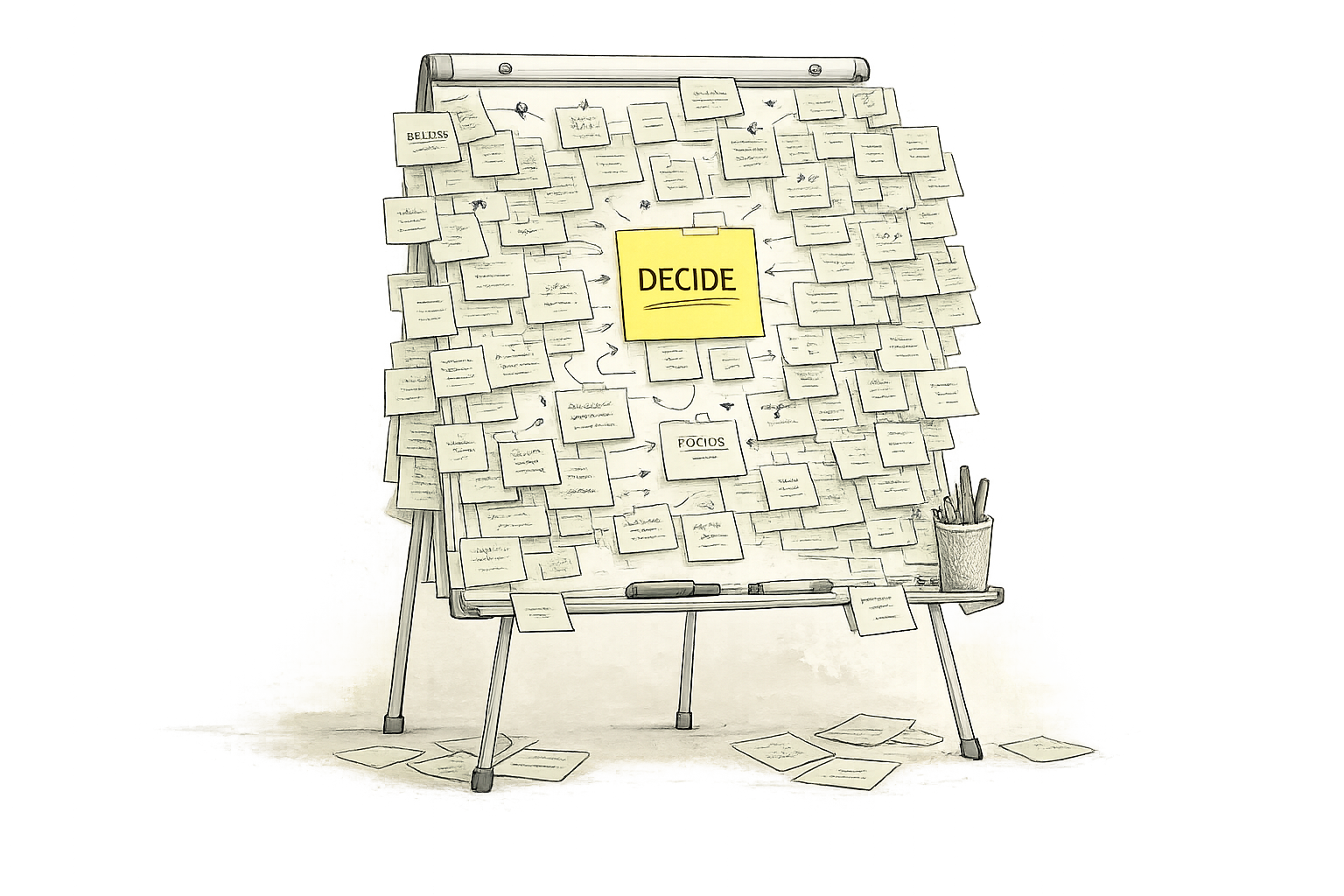 A hand-drawn whiteboard covered in Post-it notes, with a yellow note in the centre reading DECIDE.