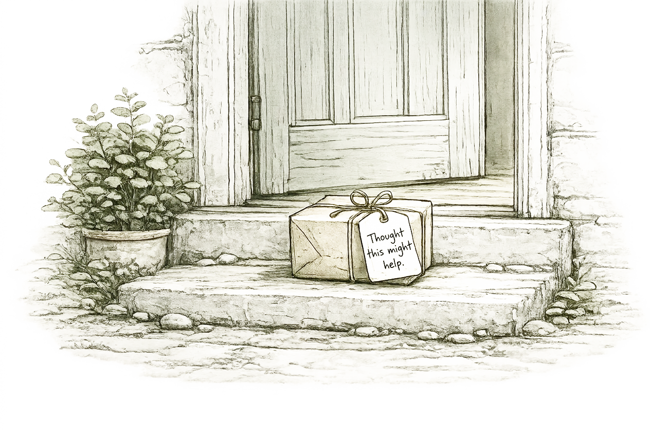 A hand-drawn illustration of a brown paper parcel tied with string, left on a stone doorstep beside a potted plant, with a tag reading 'Thought this might help.'