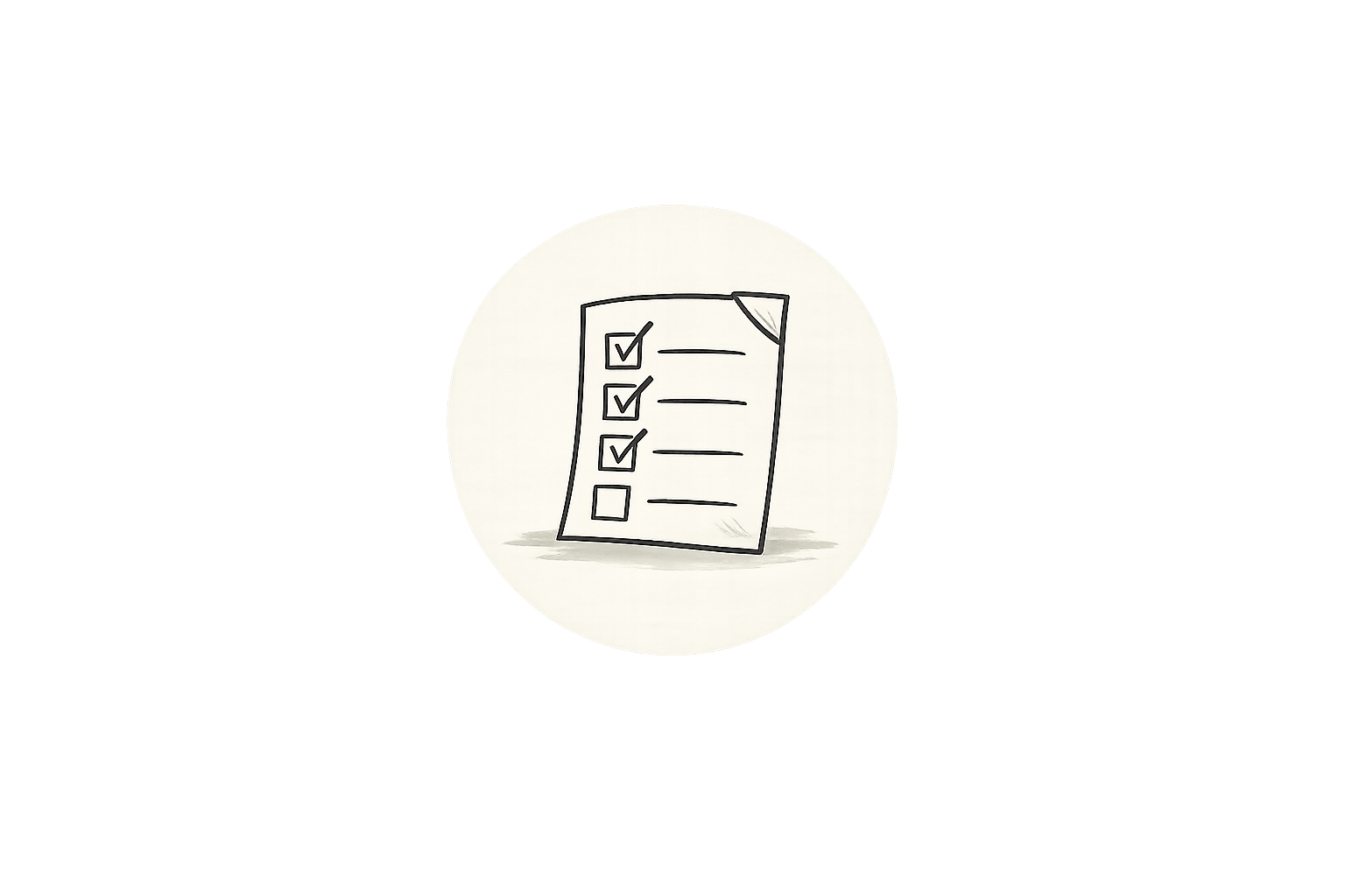 A hand-drawn checklist on a curling sheet of paper.