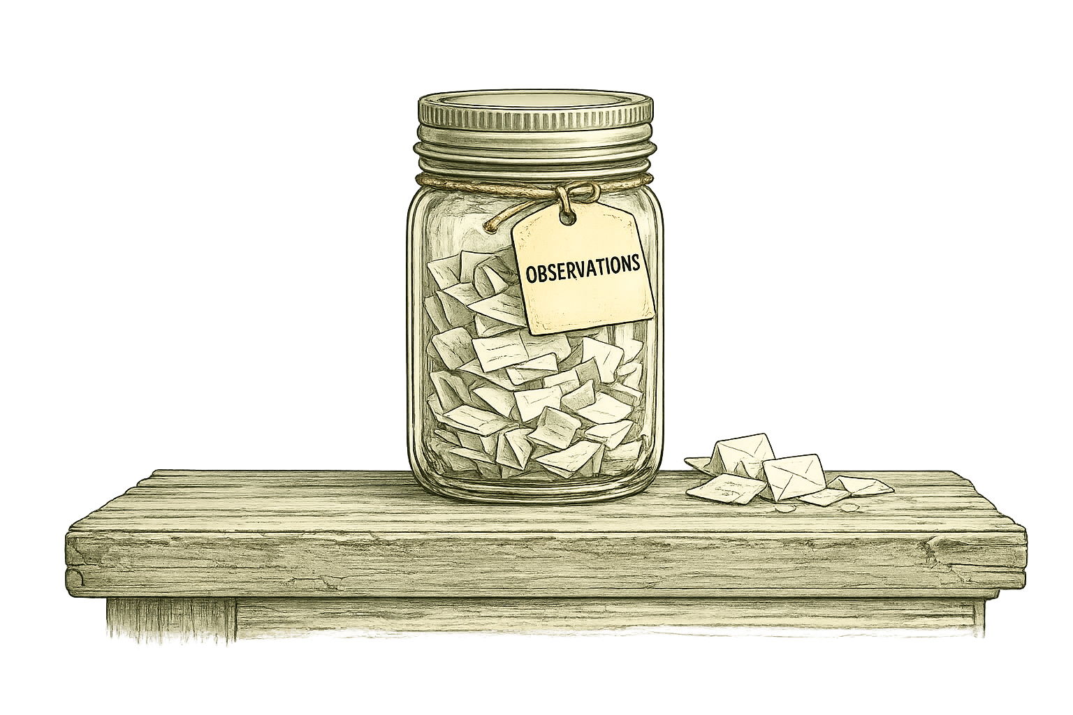 A hand-drawn illustration of a glass jar labelled 'Observations', filled with folded paper notes, sitting on a weathered wooden shelf.