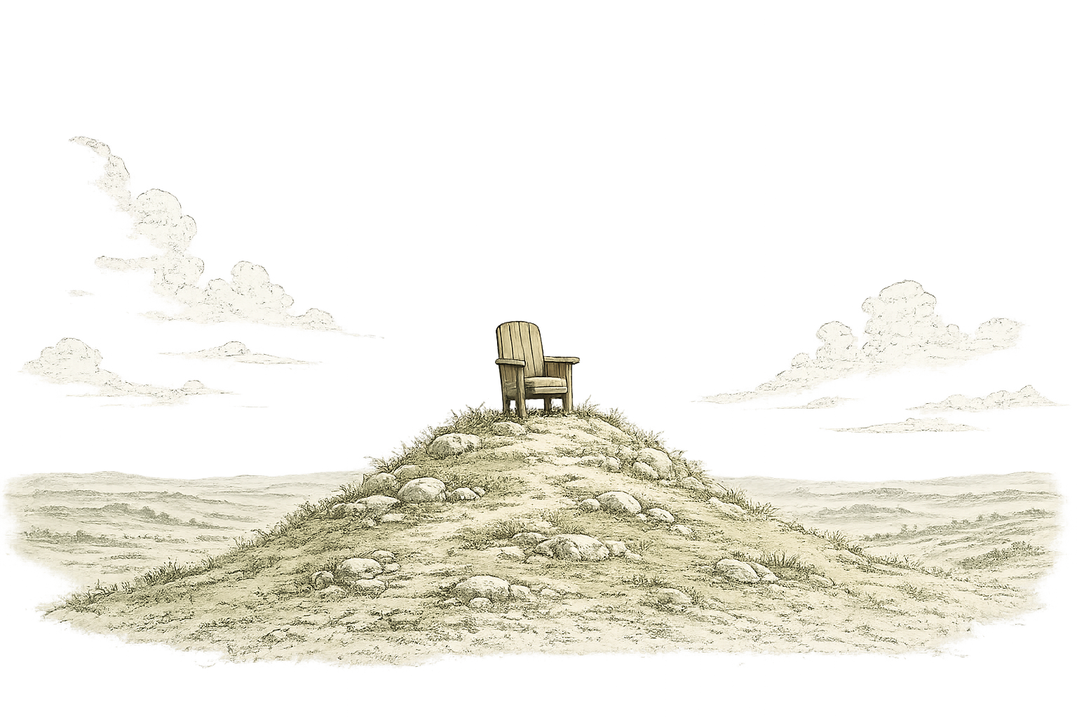 A single wooden chair resting on a grassy hill beneath a wide, cloud-scattered sky