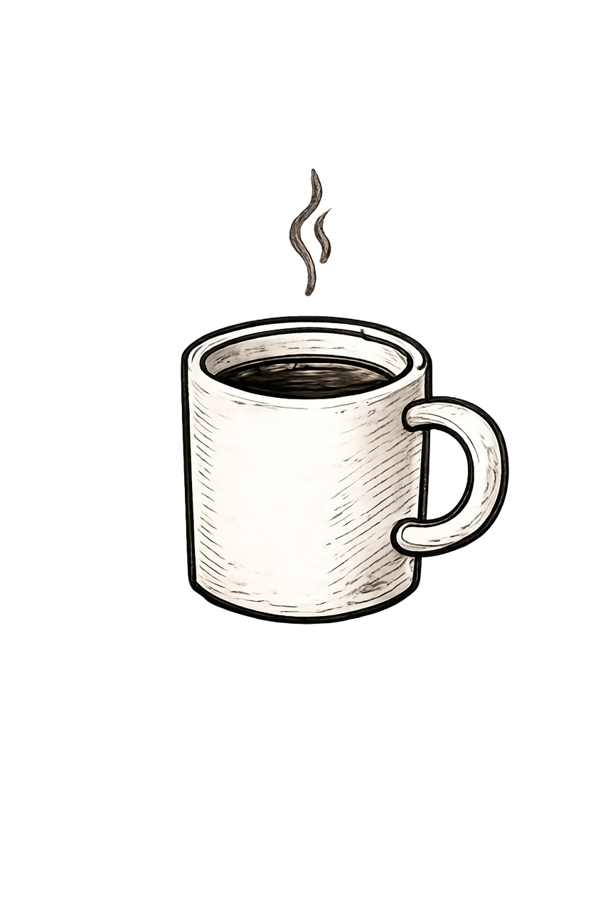 A hand-drawn illustration of a steaming coffee cup.